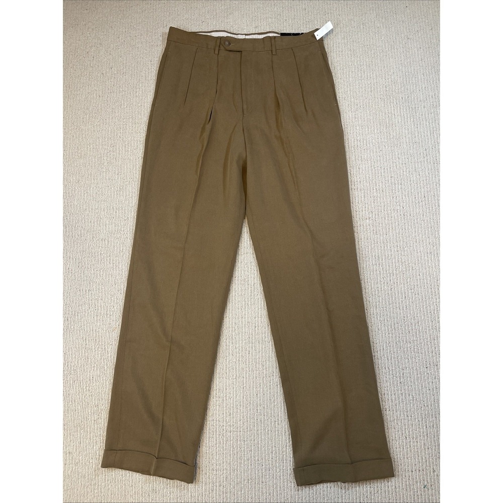 Harold Powell 34x35 Brown Pleated Cuffed Trouser Pants Cotton Tencel